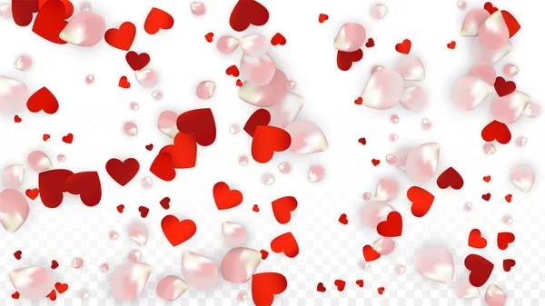 Vector realista pétalos y corazones Confetti. Rosa voladora y corazones sobre fondo transparente. — Vector de stock