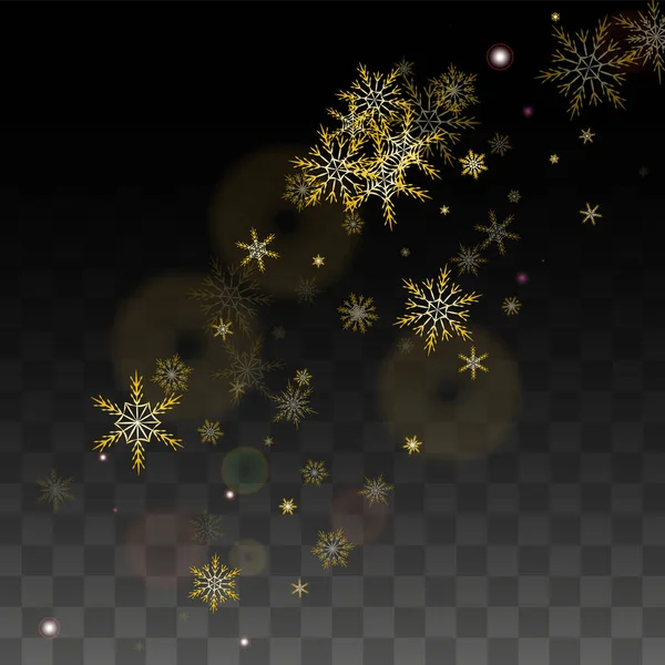 透明背景に金の落下雪の結晶が隔離された新年のベクトル背景 現実的な雪の輝きパターン 雪のオーバーレイプリント 冬の空 パーティー招待のためのデザイン — ストックベクタ