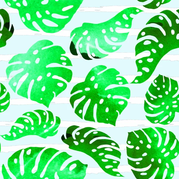 Акварель Безшовний Тропічний Візерунок Рука Намальовані Пальмові Листя Смуги Фону — стокове фото