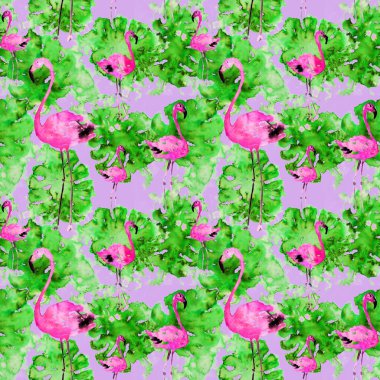 Suluboya, kusursuz tropikal desen. El yapımı Palm Leaves ve Flamingo Arkaplanı. Batic Monstera Çizimi. Duvar kağıdı için Hawaii baskısı. Çizgilerle Tekrarlanan Orman Süslemesi.