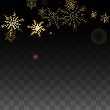 Şeffaf Arkaplan 'da izole edilmiş Altın Düşen Kar Taneleri ile Kış Vektör Arkaplanı. Gerçekçi Kar Parıltısı Şablonu. Kar yağışı Kaplaması Yazdırma. Kış Gökyüzü. Banner için Tasarım.
