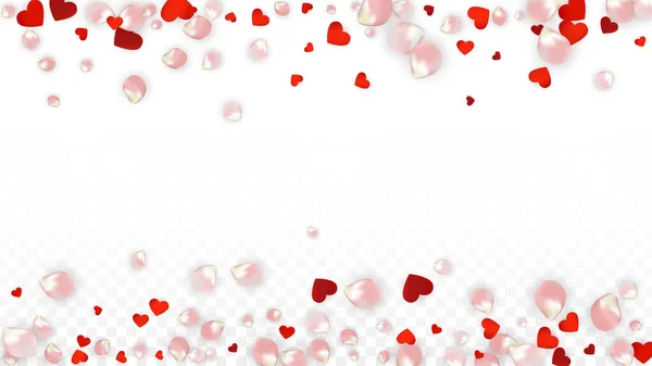 现实的花瓣和心形的矢量。透明背景下的飞舞玫瑰与红心. — 图库矢量图片