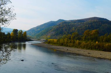 Dağları, ormanı ve önünde bir nehri olan bir manzara. Güzel manzara.