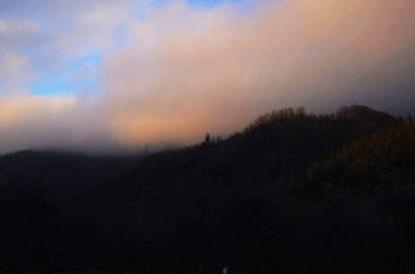 Soğuk dağ nehri, karlı ve buzlu taşların arasından akar, seçici odak noktası, arka planda şelale, uzun pozlama, Karachay-Cêess Cumhuriyeti