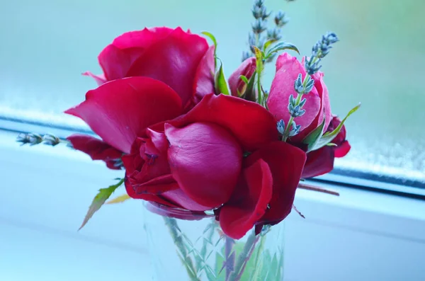 Μπουκέτο Καλοκαιρινά Τριαντάφυλλα Γυάλινο Βάζο Κοντά Στο Παράθυρο — Φωτογραφία Αρχείου