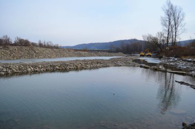 Sonbahar sonu manzarası. Soğuk gri su, ördekler, kuru ot, ön planda ilk kar ve arka planda ağaçların siluetleri. Sonbahar havası.