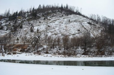 Kış zamanı dağ nehri. Ladin ormanı ve karla kaplı kıyısı olan Karpatya manzarası. Ulusal Park, Ukrayna