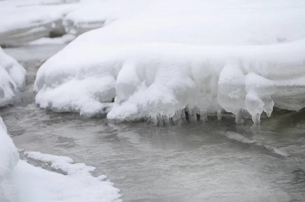 Fiume Montagna Inverno Paesaggio Carpatico Con Bosco Abeti Rossi Sponda — Foto Stock