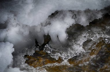 Kışın buzsuz küçük bir nehir. Nehir suyu akıntısı. Kar örtüsü. Kış soyut arkaplanı.