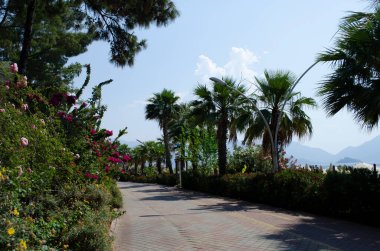 Icmeler Körfezi, Ege ve Akdeniz manzaralı. Türkiye 'nin Marmaris tatil beldesi. Yaz tatili ya da güneşli bir günde deniz kıyısında hafta sonu. dinlenme yeri Türk kıyıları. Üst düzey Türk tatil beldeleri.