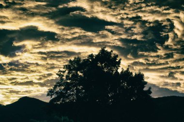 Sarı altın bulutlar gökyüzünde Akşam dağlarda