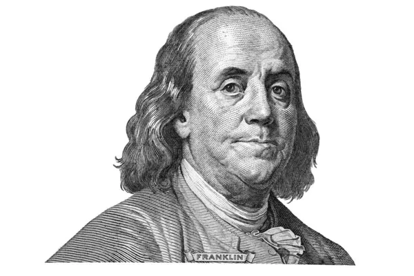 Benjamin Franklin Cut New 100 Dollars Banknote White Background Fragment — Stock Photo, Image