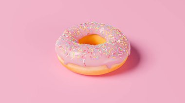 Pembe donut, pembe arka planda durgun hayata renk katıyor. Üst Manzara. 3B Görüntü