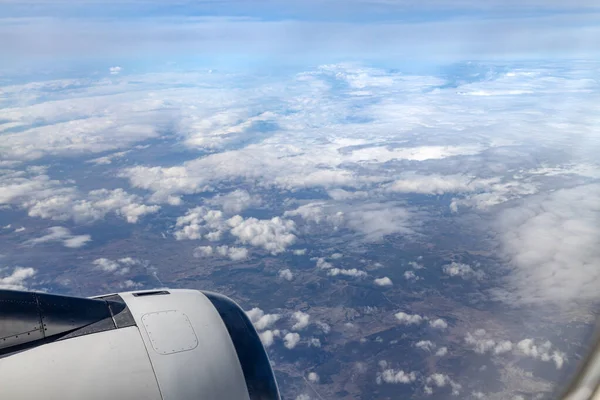 Vue Fenêtre Avion Sur Aile Heure Coucher Soleil Concept Vol — Photo