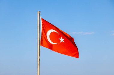 Türk bayrağı rüzgarda dalgalanıyor. Bayrak direğinde Türk milli simgesinin fotoğrafı
