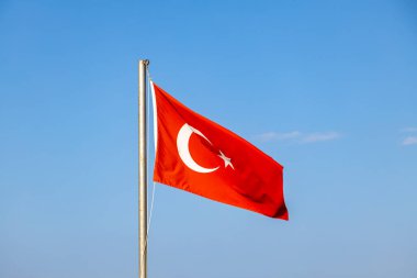 Türk bayrağı rüzgarda dalgalanıyor. Bayrak direğinde Türk milli simgesinin fotoğrafı