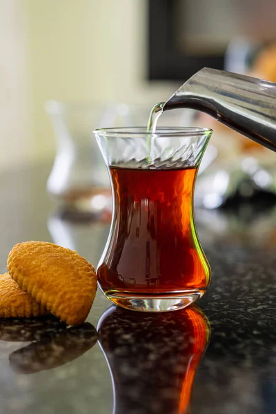 Making Turkish Tea Called Chai Home — Stock Photo, Image