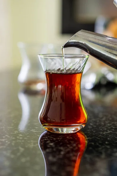 Making Turkish Tea Called Chai Home — Stock Photo, Image