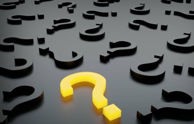 Siyah ve gri tabelalarda sarı renkli soru işareti. 3B Hazırlama