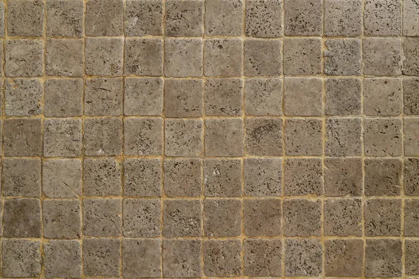 Mozaïektextuur Gemaakt Van Natuursteen Close Een Kleine Vierkante Stenen Bestrating — Stockfoto