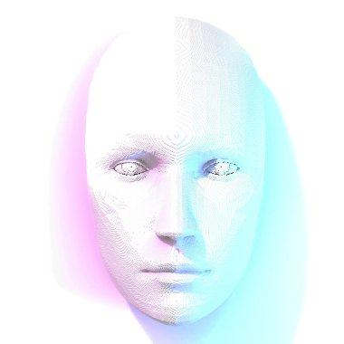 Yapay zekanın yüzü, arka planda fotokopi alanından sana bakıyor. 3B Hazırlama