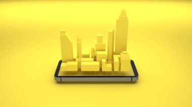 Akıllı şehrin dijital hologramı internetli akıllı telefon ekranında. IOT ile akıllı şehir kavramı. 3B Hazırlama