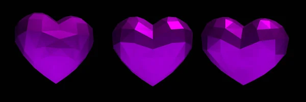 Set of 3 Purple hearts on a black dark background. 3D rendering