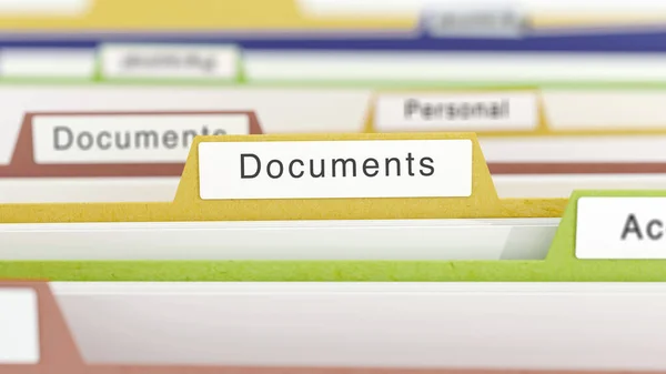Documents word on a folder in a file cabinet. Concept of search for financial documents. 3D rendering