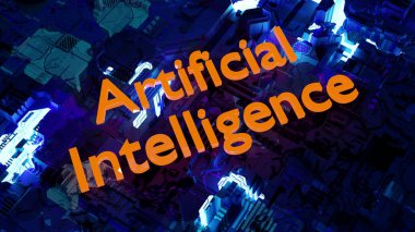 Sci Fi arkaplanının parlayan ışıklar ve yazıtlarla 3B suni zeka konsepti