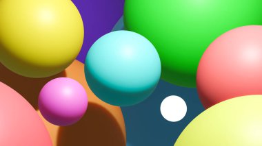 Soyut kürelerin üç boyutlu yansıması. Modern kulüp partisi davetiyesi. Dinamik renkli zıplayan toplar. Dans müzik etkinliği kapağı