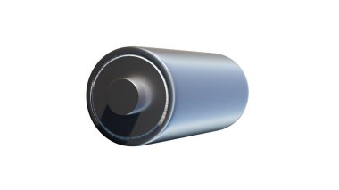 Batarya beyaz arka planda izole edilmiş. AA ya da 18650 vape ya da elektrikli araba lityum bataryası. Metalik malzeme kesilmiş. 3B Görüntü