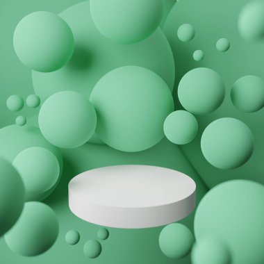 Soyut kürelerin üç boyutlu yorumlanması ve kopyalama alanı. Modern kulüp partisi davetiyesi. Dinamik renkli zıplayan toplar. Ürün yerleştirme veya modelleme için yer ile dans müzik etkinliği