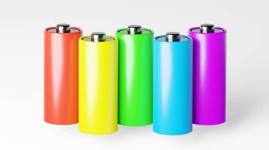 Büyük bir grup AA bataryası en üst sırada duruyor. Geri dönüşümlü elektrik elementlerinin arka plan konsepti. Alkalin bataryası. Birkaç batarya yan yana. Bir sürü pil.