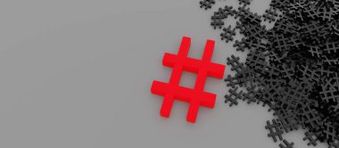 Etiket Kavramı. Gri bir arkaplanda, koyu renkli hashtag 'in yanında. 3B Hazırlama