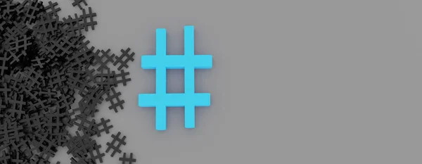 Concept Hashtag Hashtag Bleu Près Pile Sombres Sur Fond Bannière — Photo