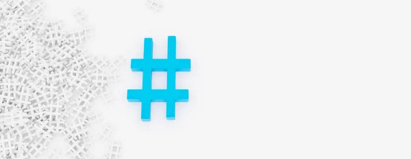 Conceito Hashtag Hashtag Azul Perto Pilha Brancos Fundo Banner Branco — Fotografia de Stock