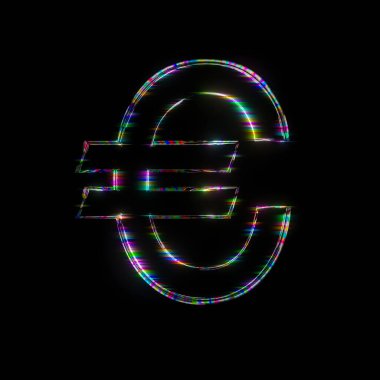 Euro currency sign on a black glowing symbol for design on black background. Fluorescent glow dark ad. 3d illustration