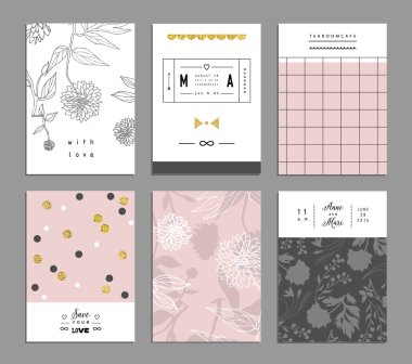 Altın ışıltılı dokuile romantik davetiyeler koleksiyonu.