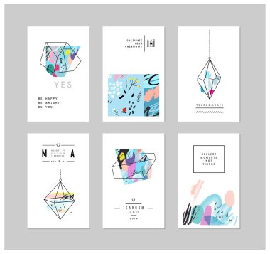 Geometrik anahat şekilleri ile yaratıcı kartlar ve posterler kümesi 