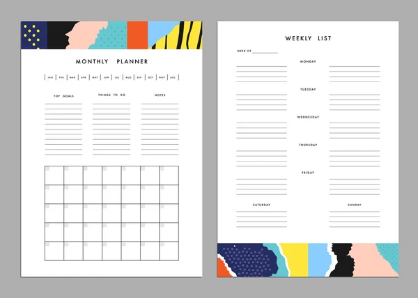 Monthly Planner plus Weekly List Templates. — Stock Vector