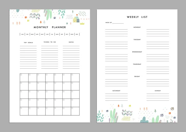 Maandelijkse planner plus wekelijkse lijstsjablonen. — Stockvector