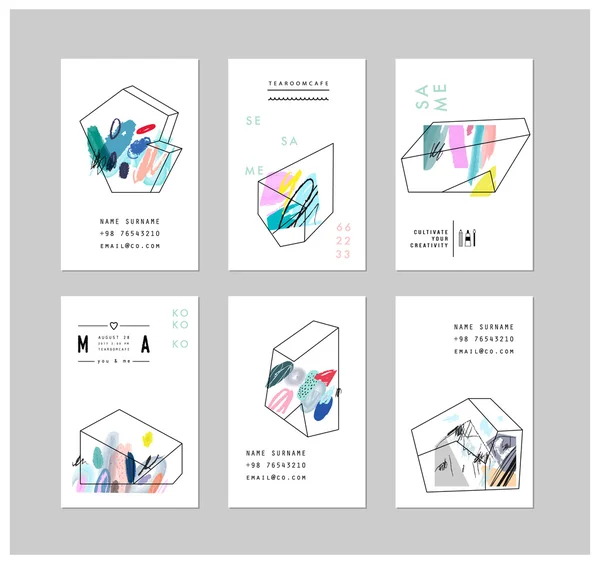 Conjunto de tarjetas creativas con formas geométricas de contorno y cristales — Vector de stock