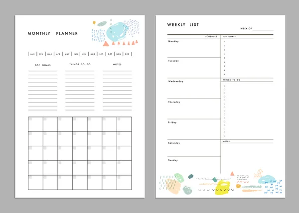 Monatlicher Planer plus wöchentliche Listen-Vorlagen. — Stockvektor