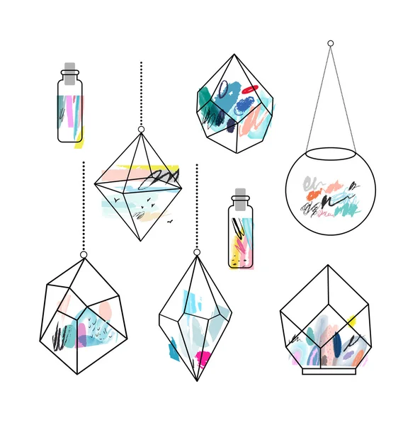 Terrariums. Set of geometric outline shapes and crystals. — Stock Vector