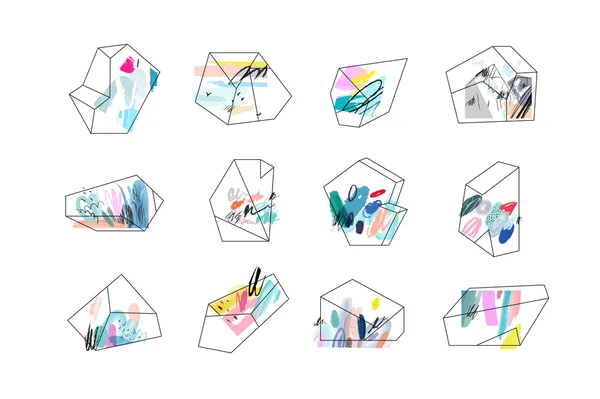 Terrários. Conjunto de formas de contorno geométrico e cristais . —  Vetores de Stock