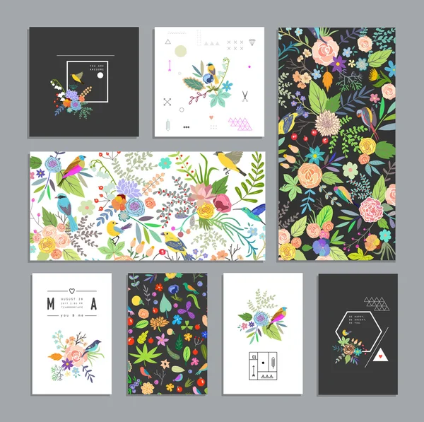 Set van bloemen kaarten. Bruiloft, verjaardag, verjaardag — Stockvector