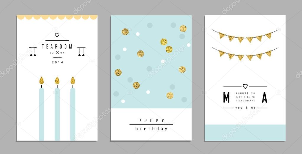 Collection of trendy cards and invitations with gold glitter