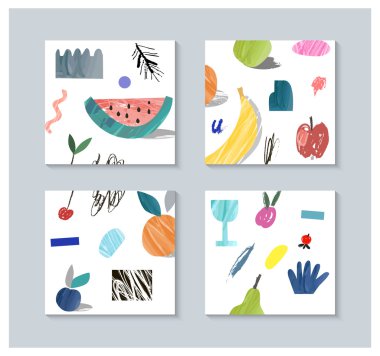 Meyveile yaratıcı kartlar koleksiyonu. Elle çizilmiş dokular. 