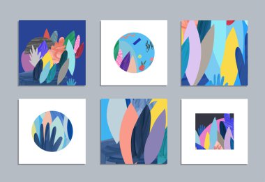 Çiçek elemanları ile yaratıcı afişler topluluğu.  