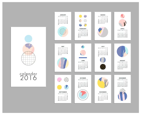 日历 2016.具有圆形和手绘纹理的模板 — 图库矢量图片